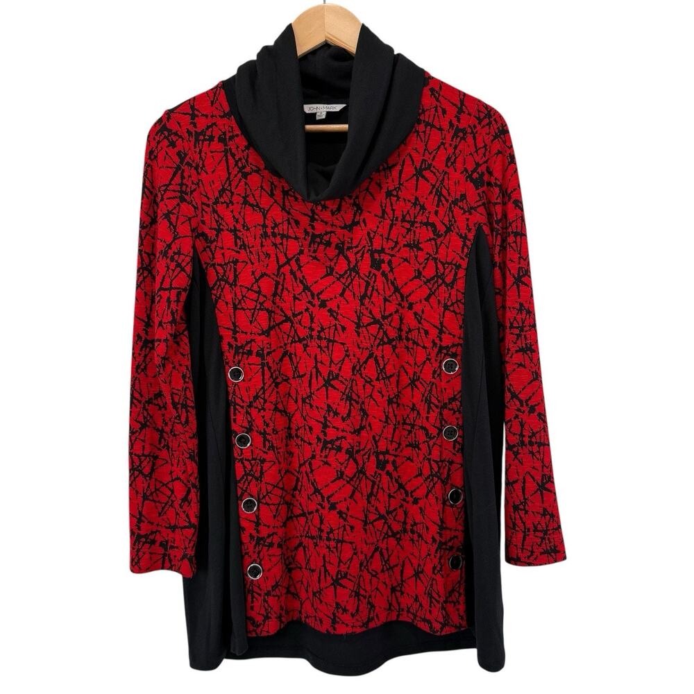 John Mark Cowl Neck Trapeze Tunic Top S Black Red Button Detail Knit Long Sleeve